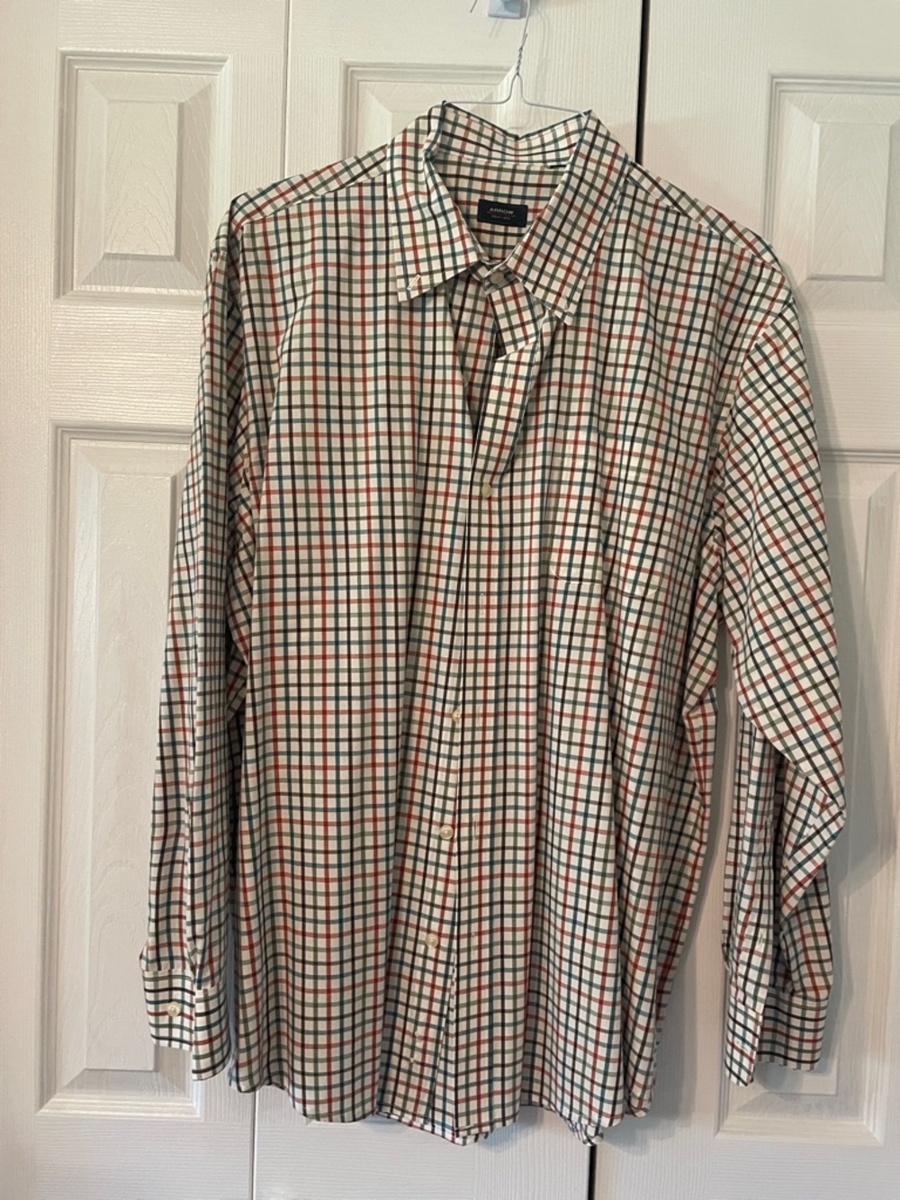 Arrow Men's White Long-Sleeve Button-Down with Green and Red Windowpane